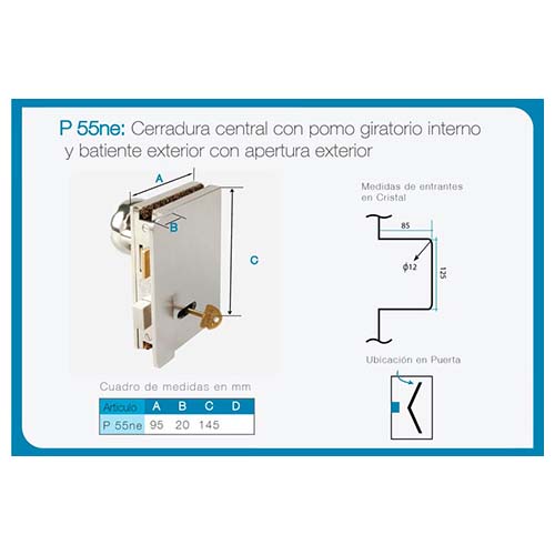 Cerradura central con pomo y batiente ext. art. P 55NE
